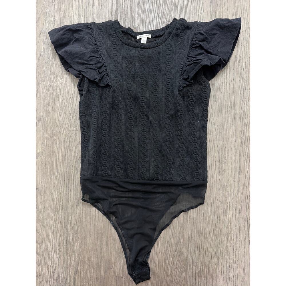 Versona Black Ruffle Sleeve Textured Mesh Thong Bodysuit Size Large